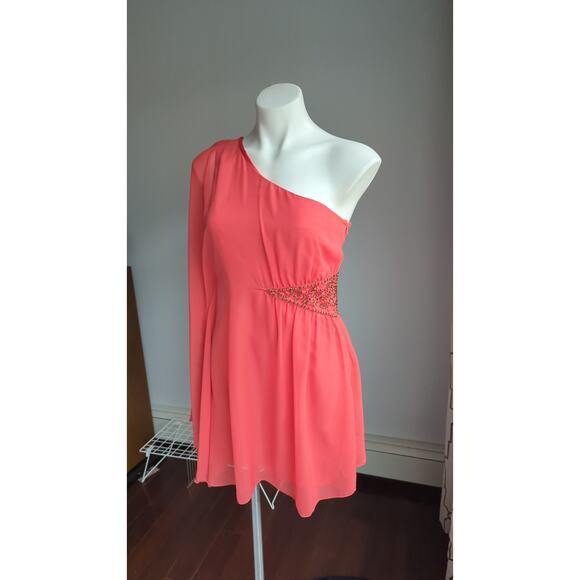 Free People One Shoulder Beaded Chiffon Mini Dress size 4  Papaya Party   Small - Picture 6 of 13